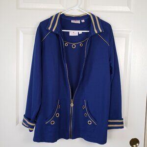 Quacker Factory Blue Full Zip Jacket & Tank Set Gold Accents Size L